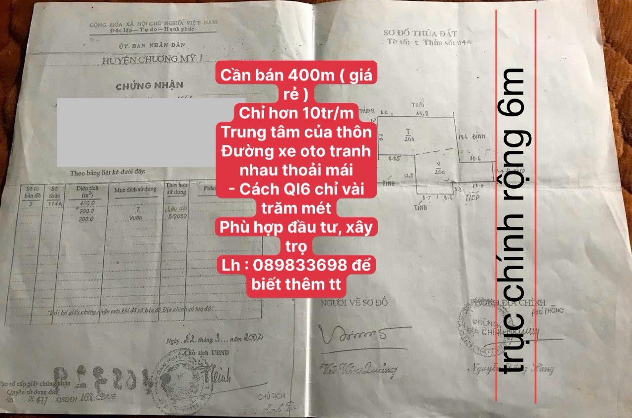 400m đất phú nghĩa-chương nỹ-hà nội<br>giá chỉ 15tr/m<br>phù hợp đầu tư,kinh doanh xây trọ - Ảnh chính